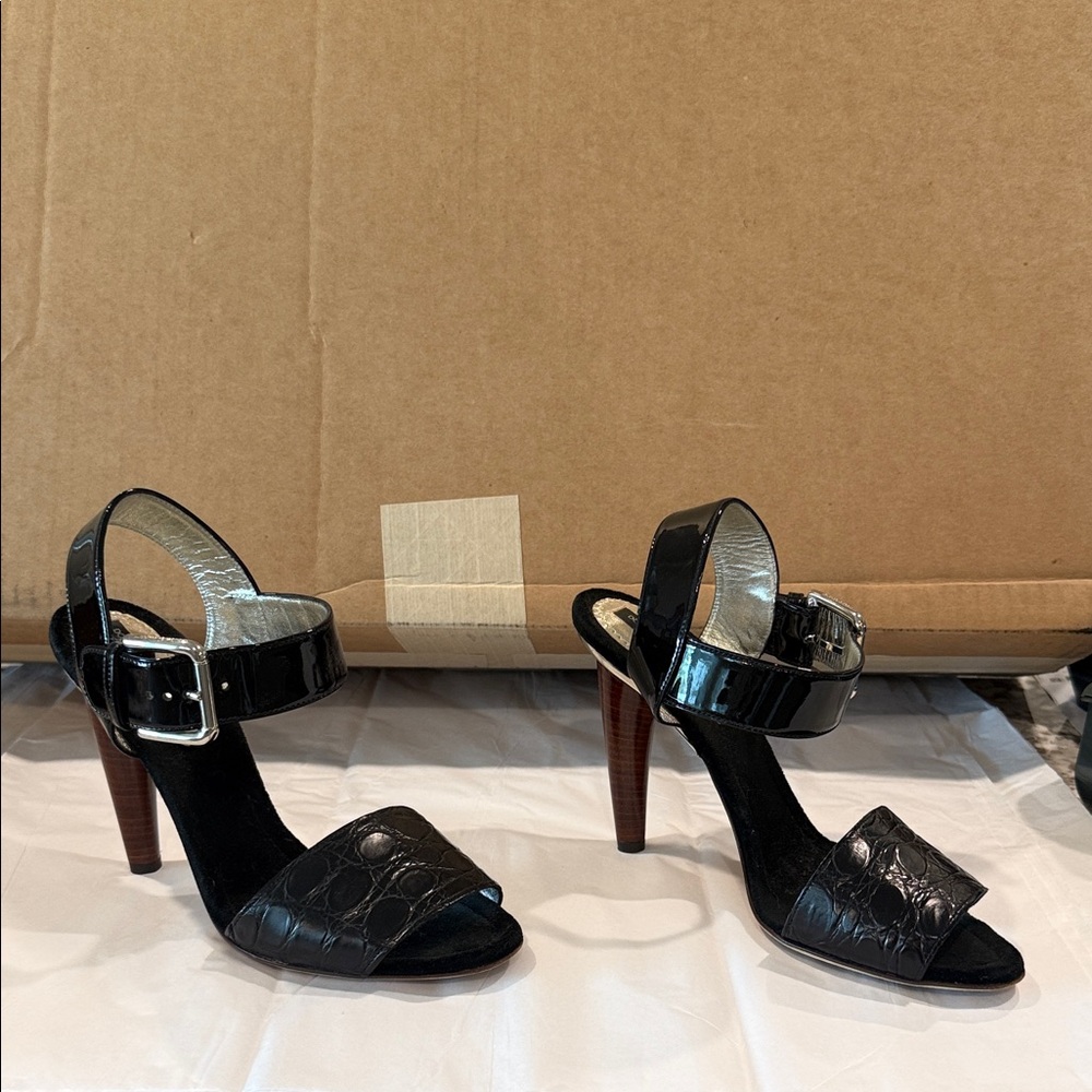 Dolce & Gabbana Black Patent & Croc-Embossed with Wooden Heel -High Heel Women